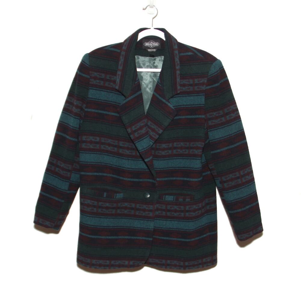 Vintage Braetan Wool Blend Boxy Blazer Coatigan Size L Striped Southwestern - Picture 1 of 9